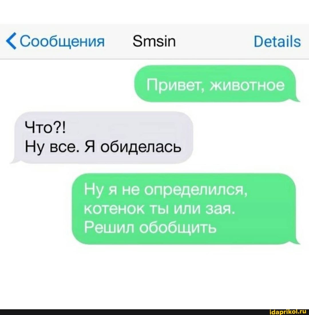"Сообщения Этей
Привет, животное
Что?!
Ну все. Я обиделась
Ну я не определился,
котенок ты или зая.
Решил обобщить