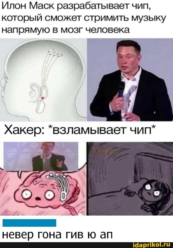 Илон Маск разрабатывает чип, который сможет стримить музыку напрямую в мозг человека
"вэламывает чип"
невер гона гив ю ап