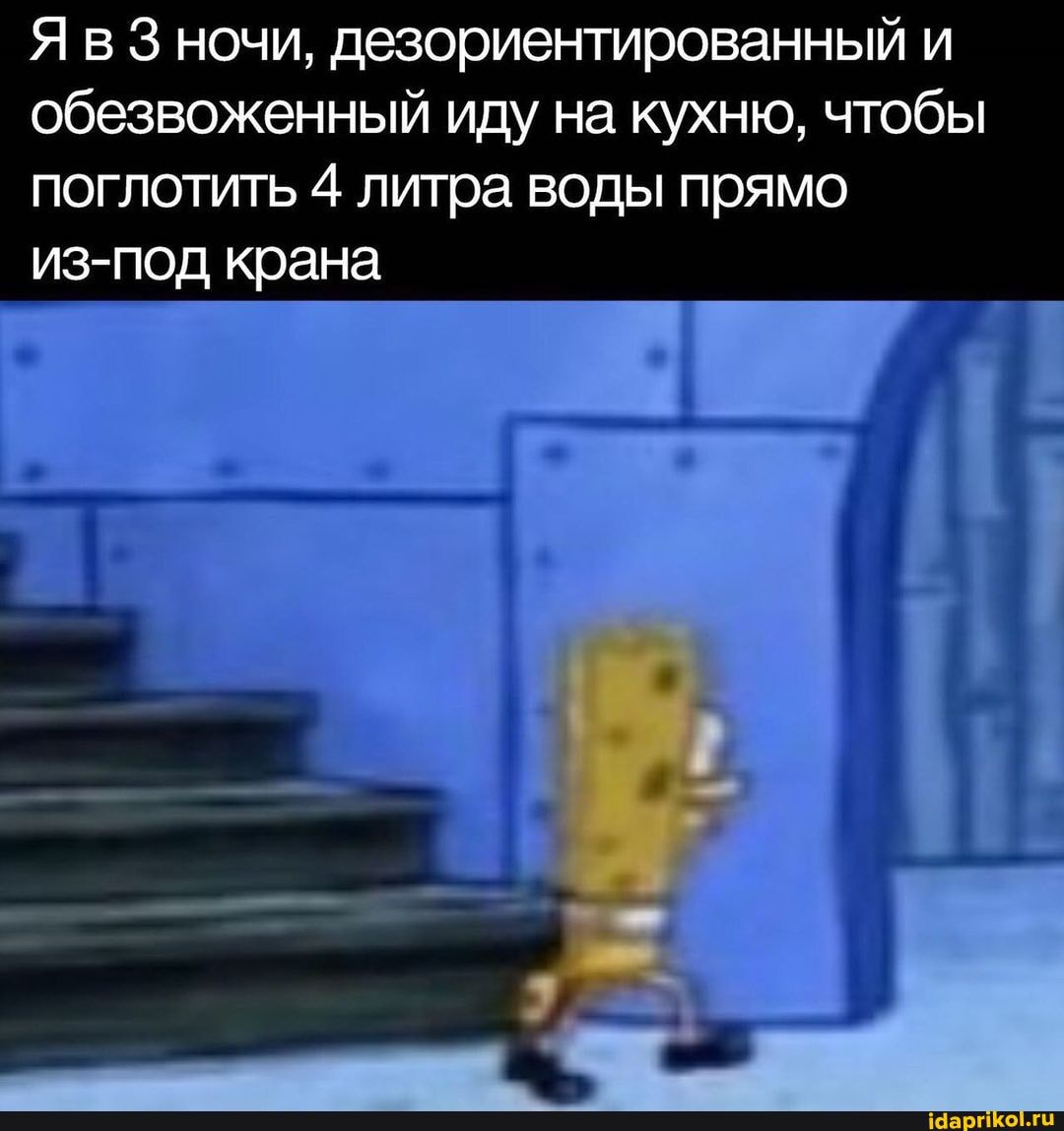 Я в ночи, дезориентированный и обезвоженный иду на кухню, чтобы поглотить 4 литра воды прямо из-под крана