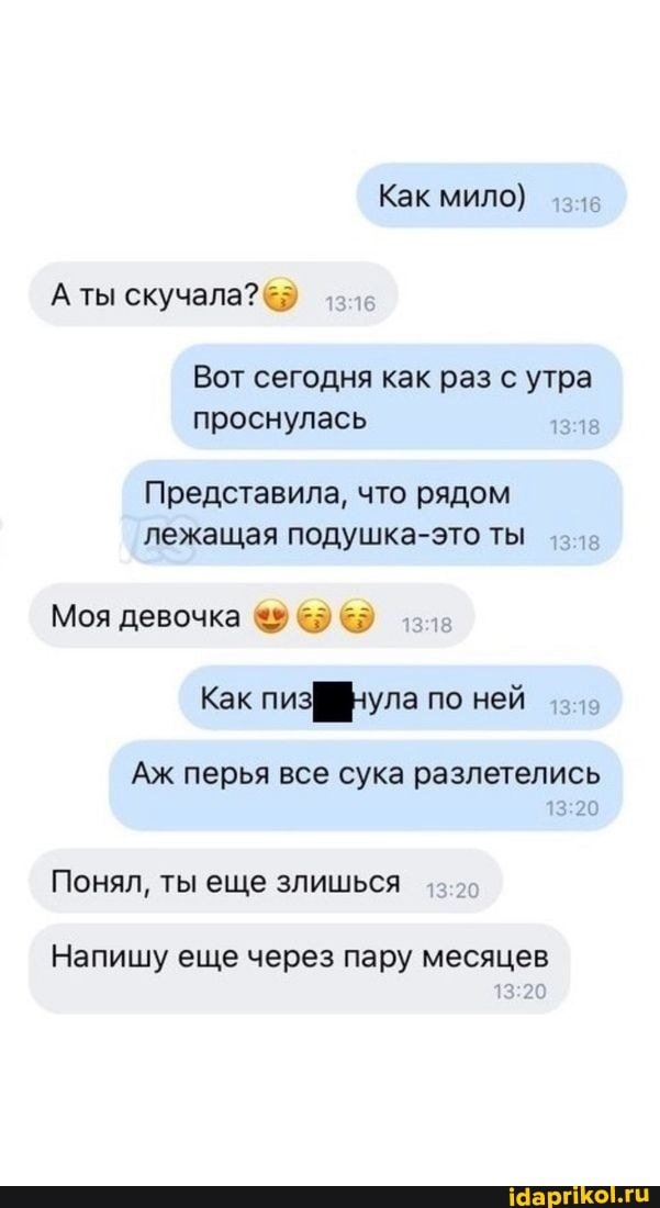 Как мило)
А ты скучала?
Вот сегодня как раз с утра проснулась
Представила, что рядом лежащая подушка-это ты
Моя девочка
Как пизффнула по ней
Аж перья все сука разлетелись
Понял, ты еще злишься
Напишу еще через пару месяцев