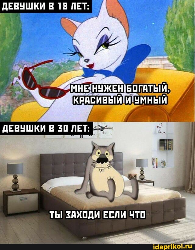 ДЕВУШКИ В 18 ЛЕТ;
-*МНЕНУЖЕН: БОГАТЫЙ,
КРАСИВЫЙ И УМНЫЙ
ДЕВУШКИ В 30 ЛЕТ:
ТЫ ЗАХОДИ ЕСЛИ ЧТО
