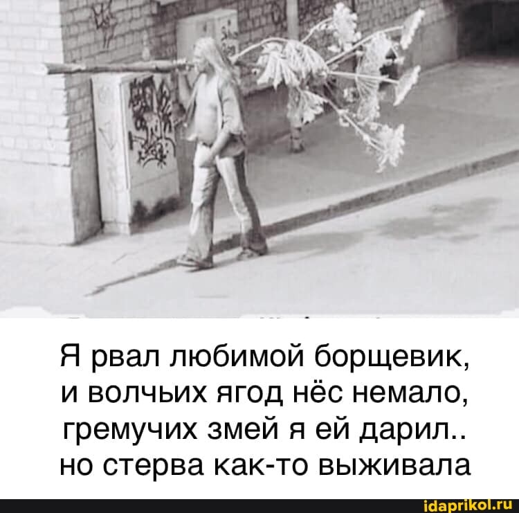 Я рвал любимой борщевик, и волчьих ягод нёс немало, гремучих змей я ей дарил..
но стерва как-то выживала