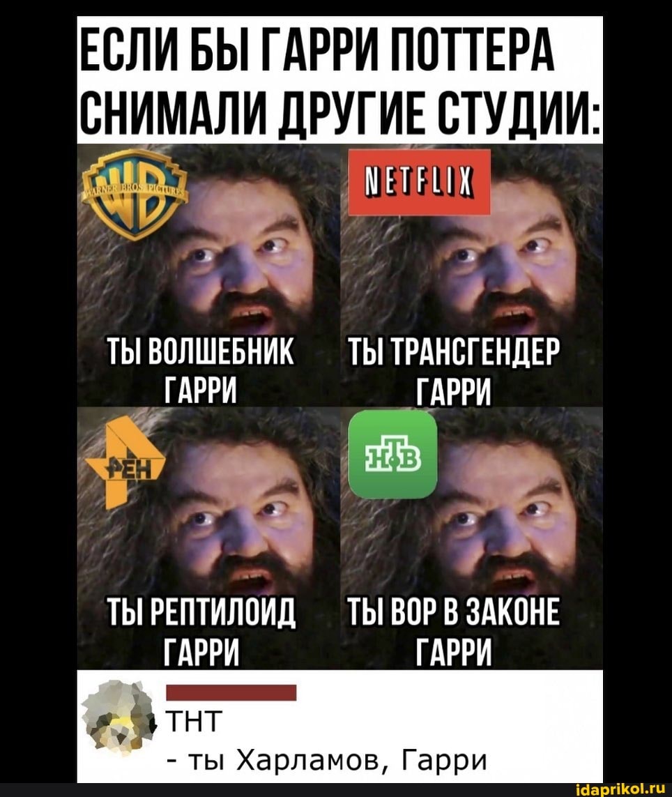 ЕСЛИ БЫ ГАРРИ ПОТТЕРА СНИМАЛИ ДРУГИЕ СТУДИИ:
ТЫ ВОЛШЕБНИК ТЫ ТРАНСГЕНДЕР ГАРРИ ГАРРИ
ТЫ РЕПТИЛОИД ТЫ ВОР ЗАКОНЕ ГАРРИ ГАРРИ
- Ты Харламов, Гарри