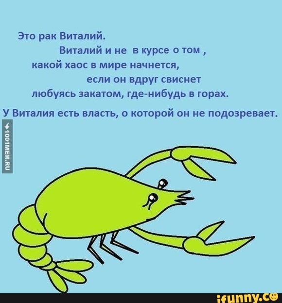 Это рак Виталий.
Виталий и не в курсе отом,
какой хаос в мире начнется,
если он вдруг свиснет
любуясь закатом,
где-нибудь в горах.
У Виталия есть власть, о которой он не подозревает.