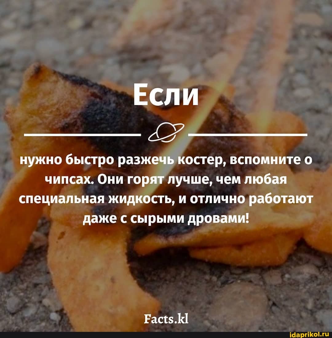 ЕСЛИ
нужно быстро разжечь костер, вспомните о чипсах. Они горят лучше, чем любая специальная жидкость, и отлично работают даже с сырыми дровами!
Раст$.