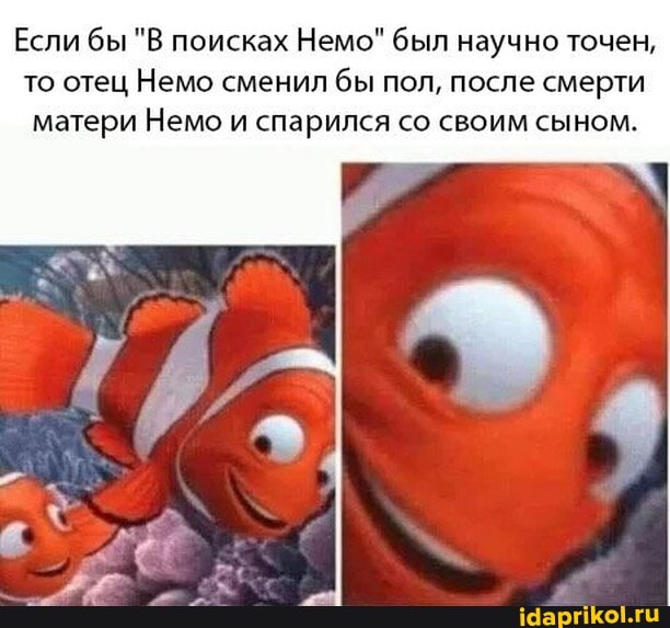 Если бы "В поисках Немо" был научно точен, то отец Немо сменил бы пол, после смерти матери Немо и парился со своим сыном.