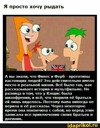 А вы знали, что Финес и Ферб - прототипы настоящих людей? Это действительно имело.
место в реальной жизни. Всё было так, как рассказывает история в мультфильме. Но разница в том, что у Кэндис была шизофрения, и всё, что творили её браться ей лишь виделось. Поэтому мама никогда не верила в её рассказы. Через некоторое время она покончила с собой, но перед этим записала все приключения своих братьев в дневник.