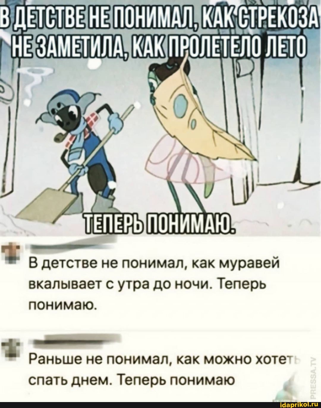 ДЕТСТВЕ НЕ ПОНИМАЛ. КАК СТРЕКОЗА
`НЕ ЗАМЕТИЛА. КАК ПРОЛЕТЕЛ ЛЕТО
ТЕПЕРЬ ПОНИМАЮ
В детстве не понимал, как муравей вкалывает с утра до ночи. Теперь понимаю.
* Раньше не понимал, как можно хоте"
спать днем. Теперь понимаю