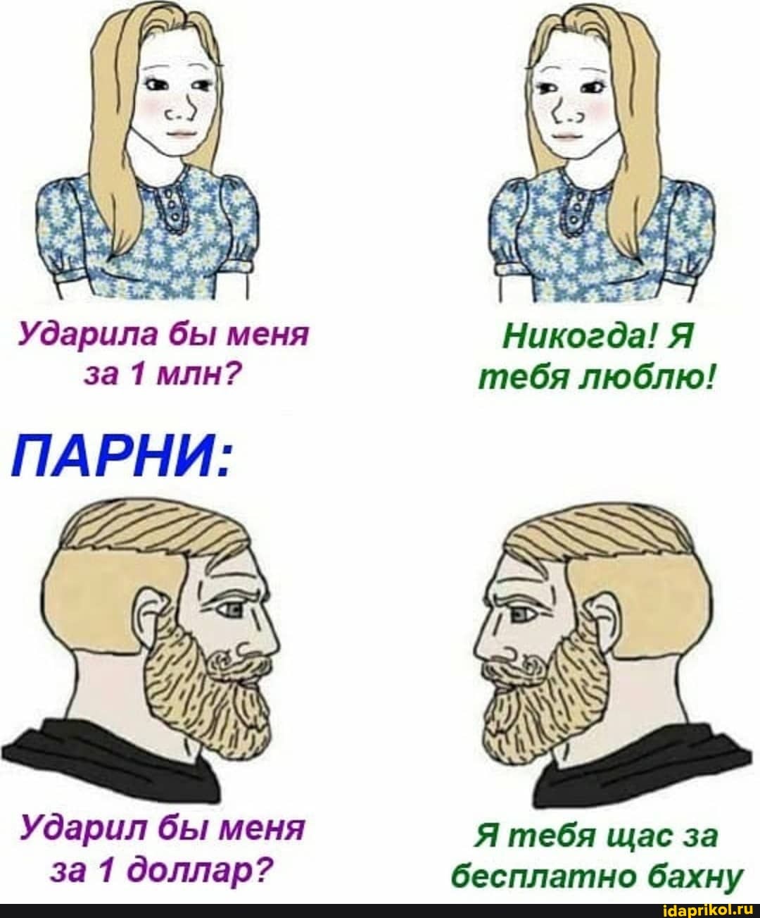 Ударила бы меня Никогда! Я за 1 млн? тебя люблю!
ПАРНИ:
Ударил бы меня Я тебя щас за за 1 доллар? бесплатно бахну