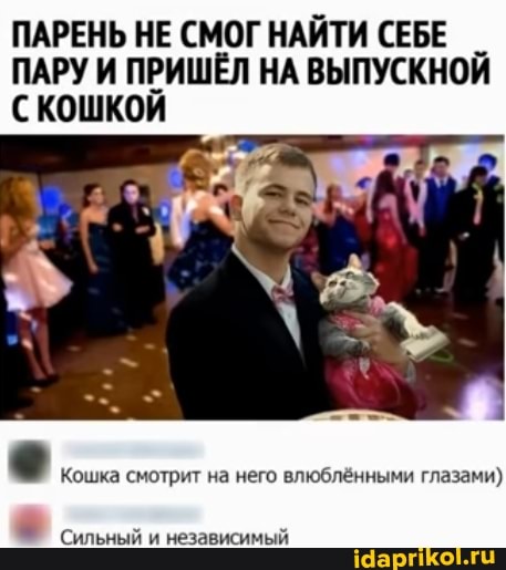 ПАРЕНЬ НЕ СМОГ НАЙТИ СЕБЕ ПАРУ И ПРИШЁЛ НА ВЫПУСКНОЙ СКОШКоЙ
Кошка смотрит на него влюблёнными глазами)
Сильный и независимый