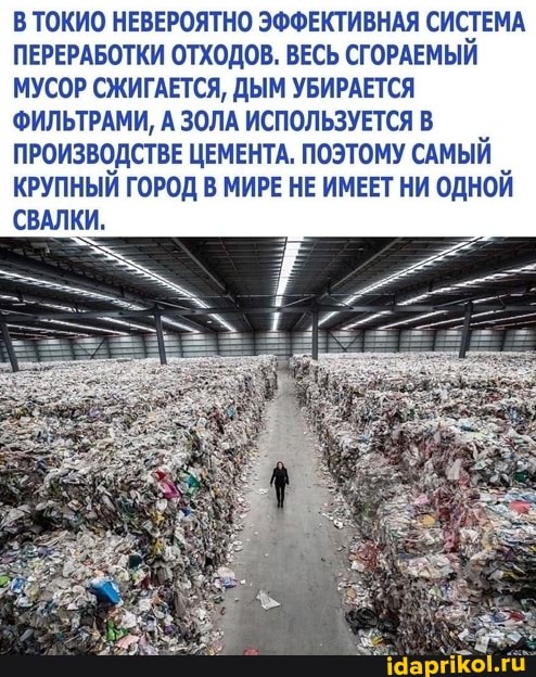 В ТОКИО НЕВЕРОЯТНО ЭФФЕКТИВНАЯ СИСТЕМА ПЕРЕРАБОТКИ ОТХОДОВ. ВЕСЬ СГОРАЕМЫЙ МУСОР СЖИГАЕТСЯ, ДЫМ УБИРАЕТСЯ ФИЛЬТРАМИ, А ЗОЛА ИСПОЛЬЗУЕТСЯ В ПРОИЗВОДСТВЕ ЦЕМЕНТА. ПОЭТОМУ САМЫЙ КРУПНЫЙ ГОРОД В МИРЕ НЕ ИМЕЕТ НИ ОДНОЙ СВАЛКИ.