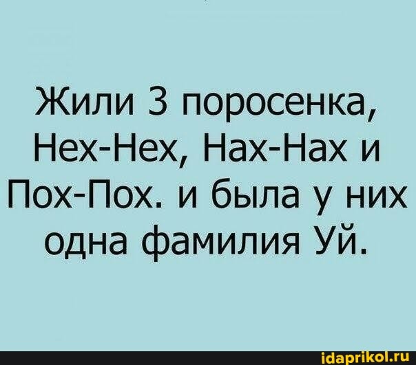 Жили 3 поросенка,
Нех-Нех, Нах-Нах и
Пох-Пох. и была у них одна фамилия УЙ.