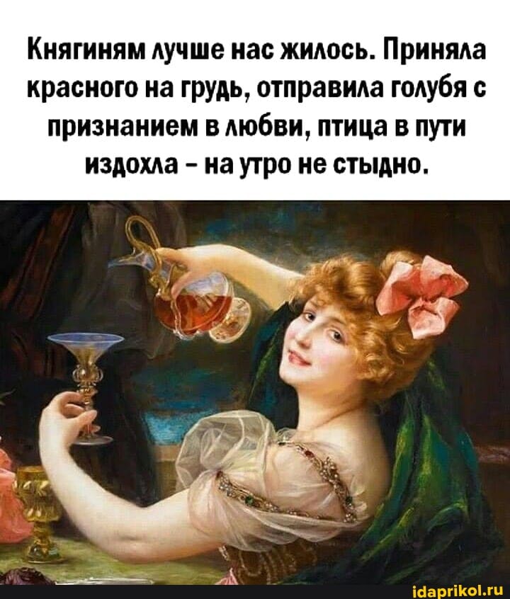 Княгиням лучше нас жилось. Приняла красного на грудь, отправила голубя с признанием в любви, птица в пути издохла - на утро не стыдно.