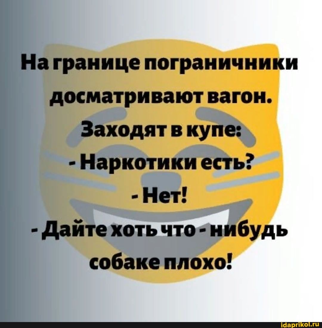Награнице пограничники досматривают вагон.
Заходят купе:
- Наркотики есть?
- Нет!
- Дайте хоть что - нибудь собаке плохо!