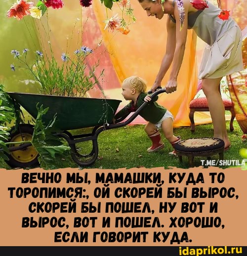 ВЕЧНО МЫ, МАМАШКИ, КУДА ТО ТОРОПИМСЯ:, ОЙ СКОРЕЙ БЫ ВЫРОС,
СКОРЕЙ БЫ ПОШЕЛ, НУ ВОТ И ВЫРОС, ВОТ И ПОШЕЛ. ХОРОШО,
ЕСЛИ ГОВОРИТ КУДА.
