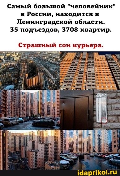 Самый большой "человейник" в России, находится в
Ленинградской области.
35 подездов, 3708 квартир.
Страшный сон курьера.