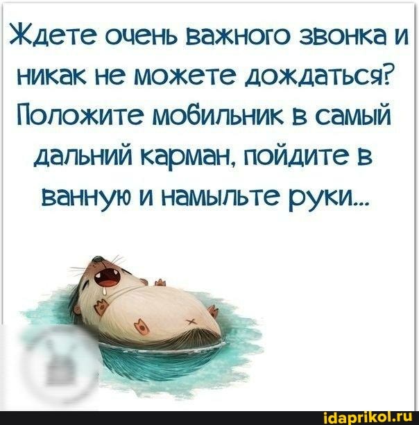Ждете очень важного звонка и никак не можете дождаться?
Положите мобильник в самый
дальний карман, пойдите в ванную и намыльте руки...