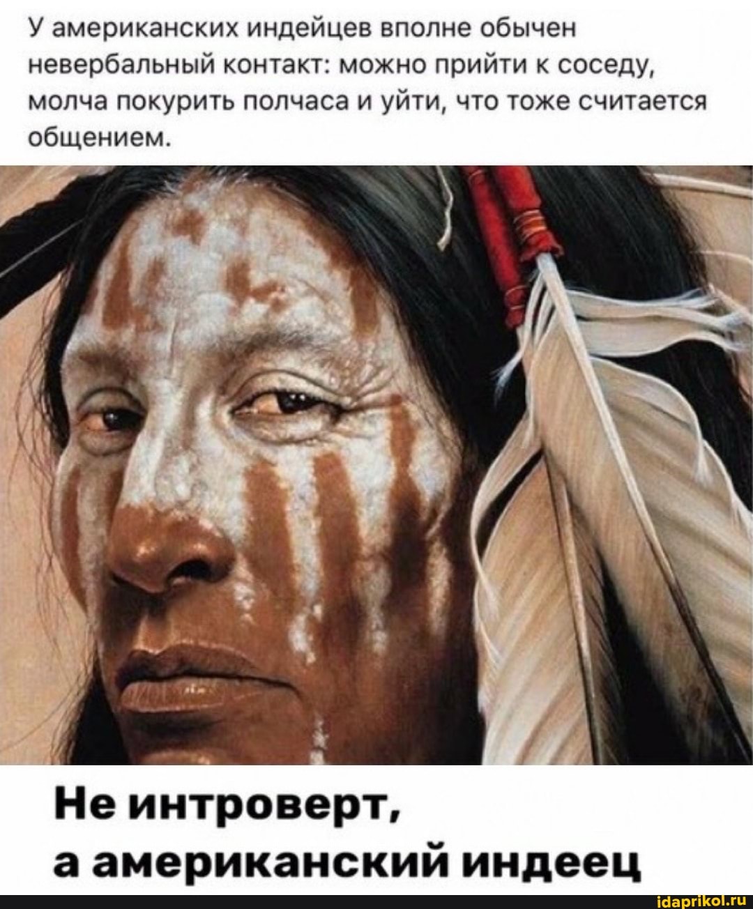 У американских индейцев вполне обычен невербальный контакт: можно прийти к соседу, молча покурить полчаса и уйти, что тоже считается общением.
Не интроверт, а американский индеец
