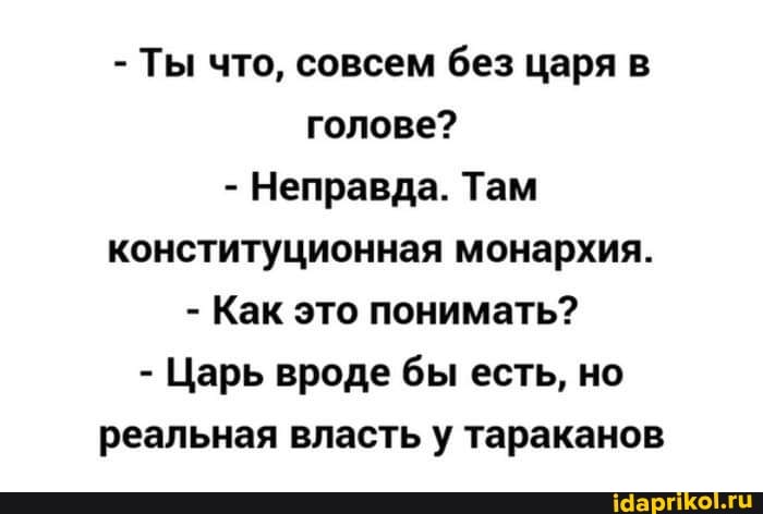 - Ты что, совсем без царя в голове?
- Неправда. Там конституционная монархия.
- Как это понимать?
- Царь вроде бы есть, но реальная власть у тараканов