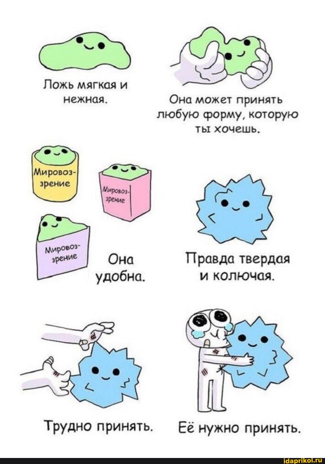 Ложь мягкая и нежная. Она может принять любую форму, которую ты хочешь.
зрение Она Правда твердая удобна. и колючая.
Трудно принять. Её нужно принять.
