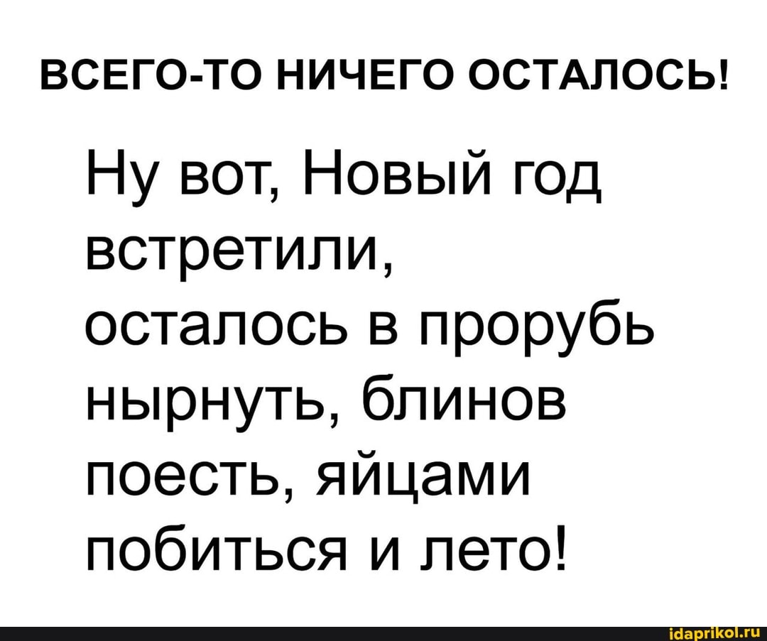 ВСЕГО-ТО НИЧЕГО ОСТАЛОСЬ!
Ну вот, Новый год встретили, осталось в прорубь нырнуть, блинов поесть, яйцами побиться и лето!