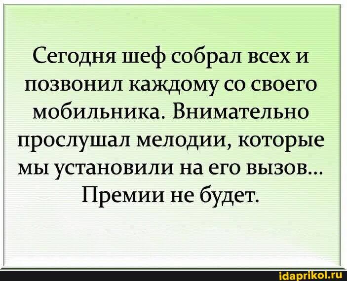 Сегодня шеф собрал всех и позвонил каждому со своего мобильника. Внимательно прослушал мелодии, которые мы установили на его вызов...
Премии не будет.
