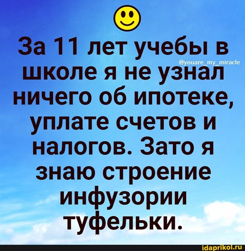 За 11 лет учебы в школе я не узнал ничего об ипотеке, уплате счетов и налогов. Зато я знаю строение инфузории туфельки.