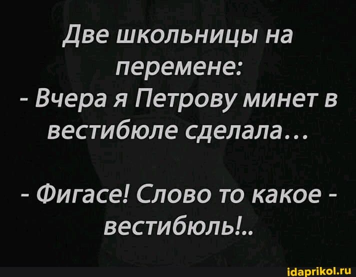Две школьницы на перемене:
- Вчера я Петрову минет в вестибюле сделала...
- Фигасе! Слово то какое - вестибюль...