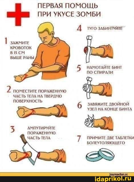 ПЕРВАЯ ПОМОЩЬ ПРИ УКУСЕ ЗОМБИ
Д ттозавинтуйтЕ
1 зажмите
КРОВОТОК ВБ СМ ВЫШЕ РАНЫ,
НАМОТАЙТЕ БИНТ ПО СПИРАЛИ
2 поместите ПОРАЖЕННУЮ ЧАСТЬ ТЕЛА НА ТВЕРДУЮ ПОВЕРХНОСТЬ
ЗАВЯЖИТЕ двойной
УЗЕЛ НА КОНЦЕ БИНТА
5 АМПУТИРУЙТЕ
ПОРАЖЕННУЮ,
ЧАСТЬ ТЕЛА 7 пРимите ДВЕ ТАБЛЕТКИ БОЛЕУТОЛЯЮЩЕГО.
