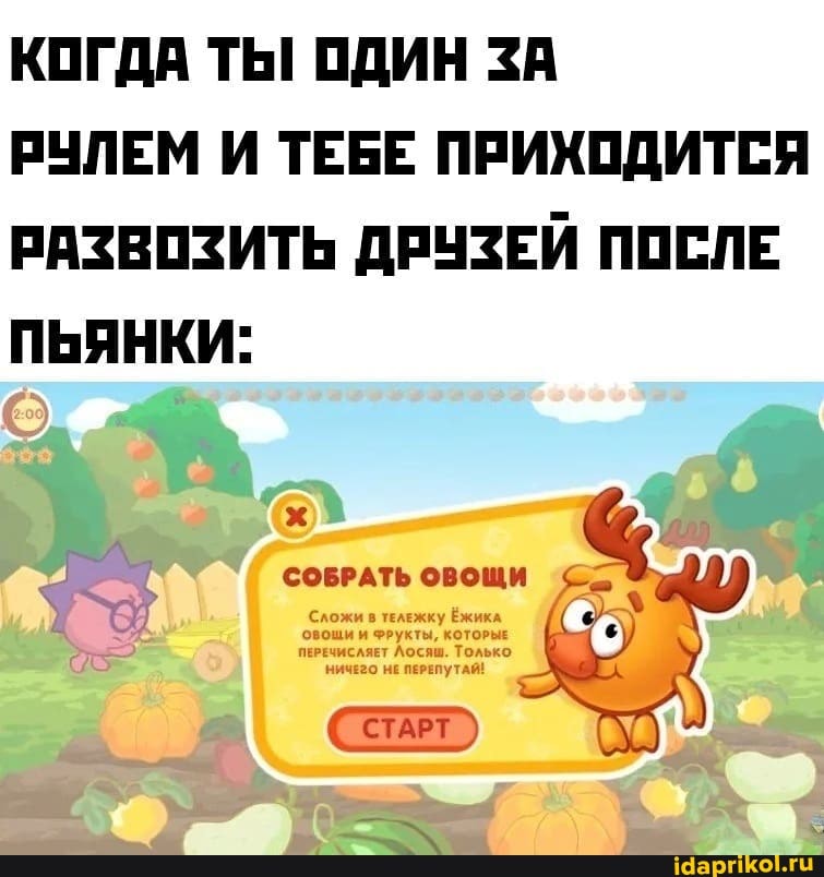 КОГДА ТЫ! ОДИН ЗА
РУЛЕМ И ТЕБЕ ПРИХОДИТСЯ РАЗВОЗИТЬ ДРУЗЕЙ ПОСЛЕ ПЬЯНКИ:
СОБРАТЬ )
(СТАРТ)
