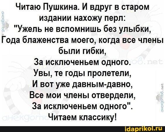 Читаю Пушкина. И вдруг в старом издании нахожу перл:
"Ужель не вспомнишь без улыбки,
Года блаженства моего, когда все члены были гибки,
За исключеньем одного.
Увы, те годы пролетели,
И вот уже давным-давно,
Все мои члены отвердели,
За исключеньем одного".
Читаем классику!