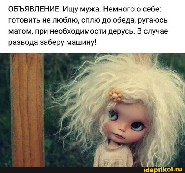ОБЪЯВЛЕНИЕ: Ищу мужа. Немного о себе: готовить не люблю, сплю до обеда, ругаюсь матом, при необходимости дерусь. В случае развода заберу машину!