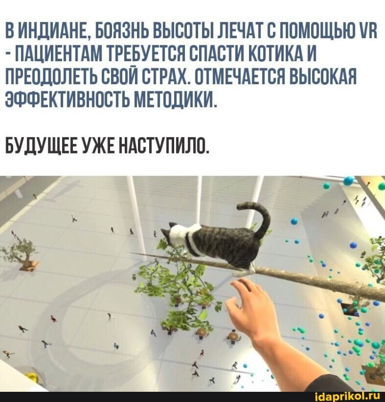 ВИНДИАНЕ, БОЯЗНЬ ВЫСОТЫ ЛЕЧАТ С ПОМОЩЬЮ
- ПАЦИЕНТАМ ТРЕБУЕТСЯ СПАСТИ КОТИКА И ПРЕОДОЛЕТЬ СВОИ СТРАХ. ОТМЕЧАЕТСЯ ВЫСОКАЯ ЭФФЕКТИВНОСТЬ МЕТОДИКИ.
БУДУЩЕЕ УЖЕ НАСТУПИЛО.