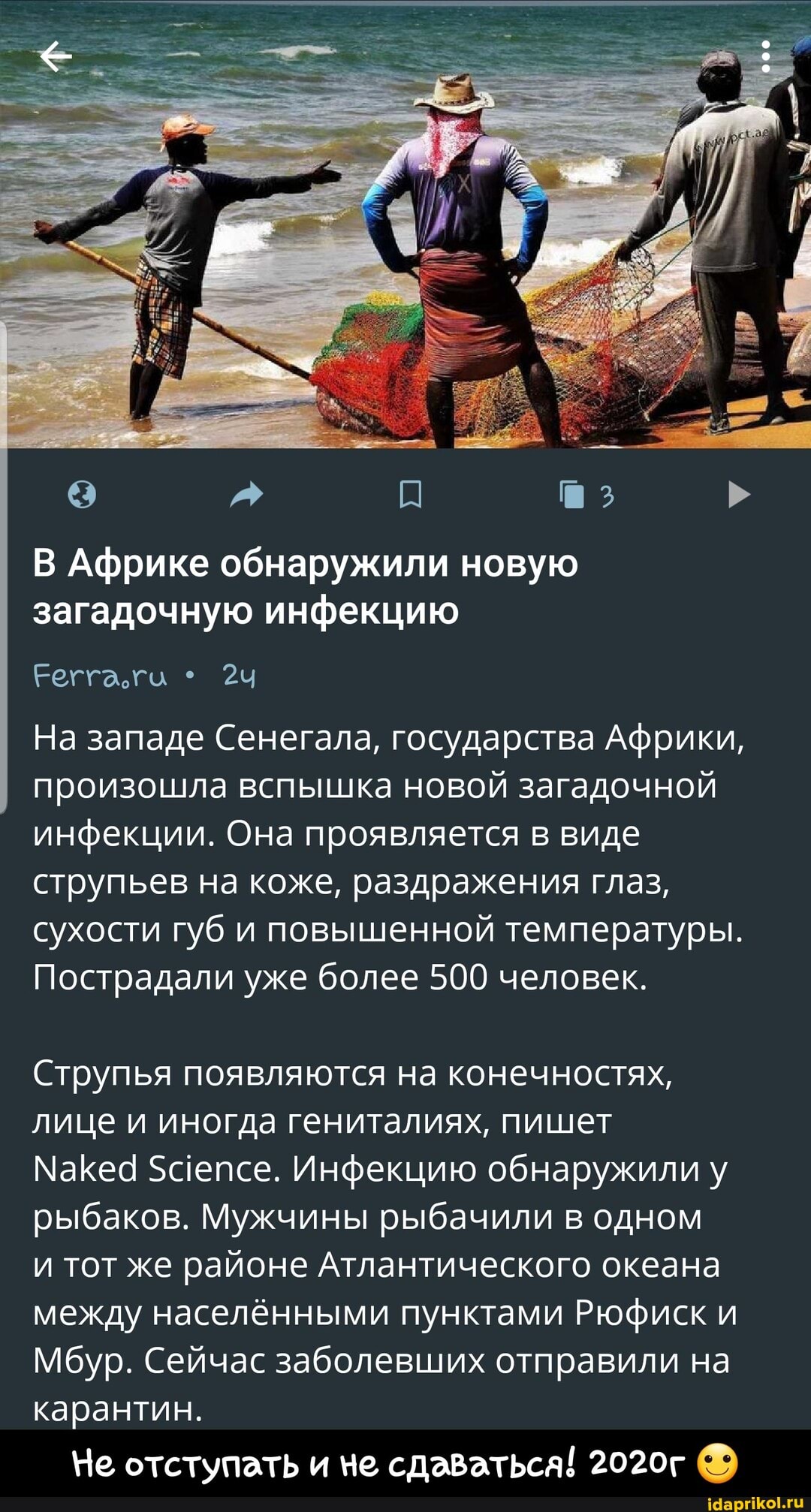 В Африке обнаружили новую загадочную инфекцию
Еегга.го *
На западе Сенегала, государства Африки, произошла вспышка новой загадочной инфекции. Она проявляется в виде струпьев на коже, раздражения глаз, сухости губ и повышенной температуры.
Пострадали уже более 500 человек.
Струпья появляются на конечностях, лице и иногда гениталиях, пишет
МаКес 5аепсе. Инфекцию обнаружили у рыбаков. Мужчины рыбачили в одном
и тот же районе Атлантического океана между населёнными пунктами Рюфиск и
Мбур. Сейчас заболевших отправили на карантин.
Не отступать и не сдаваться! 2020г - Не отступать и не сдаваться! 2020г 🙂