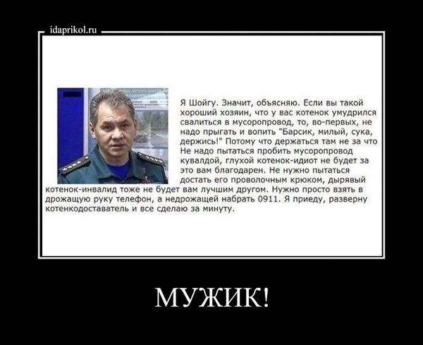 Я Шойгу. Значит, объясняю. Если вы такой
хороший хозяин, что
у
вас котенок умудрился
свалиться в мусоропровод, то, во-п.
надо прыгать и вопить "Барсик, милый, сука,
держисы" Потому что держаться там не за что,
Не надо пытаться пробить мусоропровод
кувалдой, глухой котенок-идиот не будет за
это вам благодарен, Не нужно пытаться
достать его проволочным крюком, дырявый
котенок-инвалид тоже не будет вам лучшим другом. Нужно просто взять в
дрожащую руку телефон, а недрожащей набрать 0911. Я приеду, разверну
котенкодоставатель и все сделаю за минуту