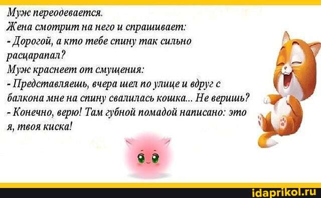Муж переодевается.
Жена смотрит на него и спрашивает:
- Дорогой, а кто тебе спину так сильно расцарапал?
Муж краснеет от смущения:
- Представляешь, вчера шел по улице и вдруг с балкона мне на спину свалилась кошка... Не веришь?
- Конечно, верю! Там губной помадой написано: это я, твоя киска!