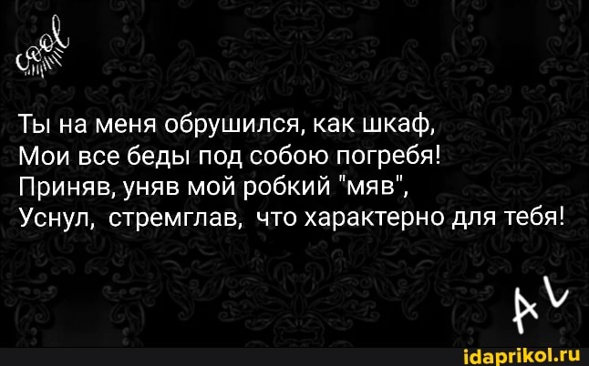 Ты на меня обрушился, как шкаф,
Мои все беды под собою погребя!
Приняв, уняв мой робкий "мяв",
Уснул, стремглав, что характерно для тебя!