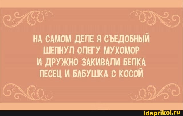 НА САМОМ ДЕЛЕ Я СЪЕДОБНЫЙ ШЕПНУЛ ОЛЕГУ МУХОМОР И ДРУЖНО ЗАКИВАЛИ БЕЛКА ПЕСЕЦ И БАБУШКА С КОСОЙ