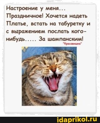 Настроение у меня...
Праздничное! Хочется надеть
Платье, встать на табуретку и
с выражением послать кого-
нибудь..... За шампанским!