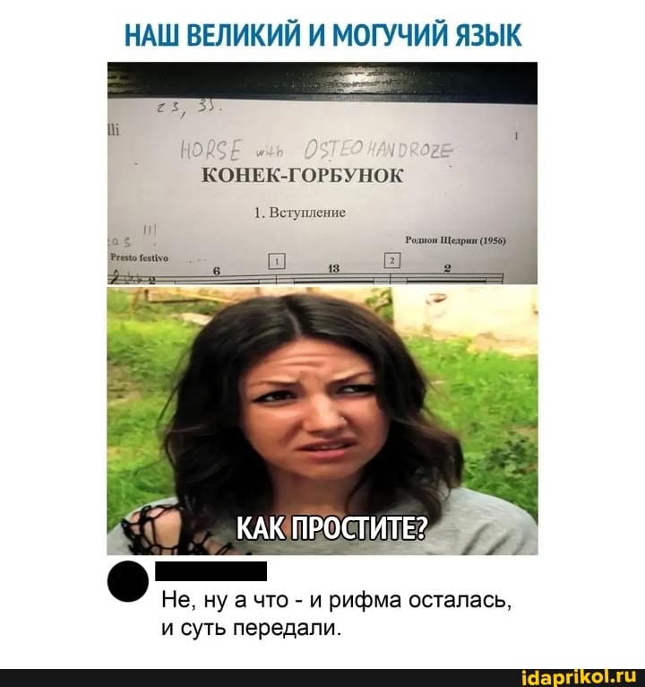 НАШ ВЕЛИКИЙ И МОГУЧИЙ ЯЗЫК
КОНЕК-ГОРБУНОК
1. Вступление
КАК ПРОСТИТЕ?
Не, ну а что - и рифма осталась, и суть передали.