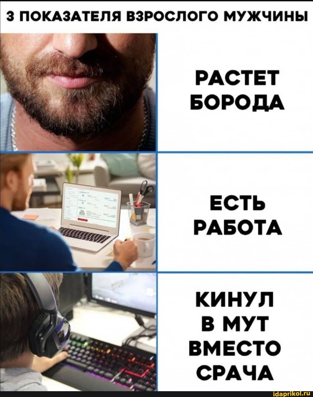 3 ПОКАЗАТЕЛЯ ВЗРОСЛОГО МУЖЧИНЫ
РАСТЕТ
БОРОДА
ЕСТЬ
РАБОТА