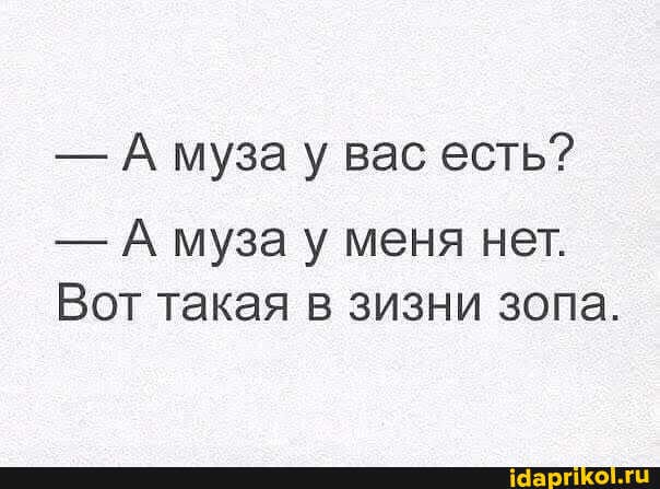 -А муза у вас есть?
- А муза у меня нет.
Вот такая в зизни зопа.