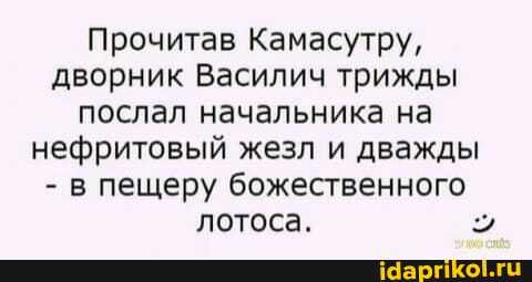 Прочитав Камасутру, дворник Василич трижды послал начальника на нефритовый жезл и дважды
- в пещеру божественного лотоса.