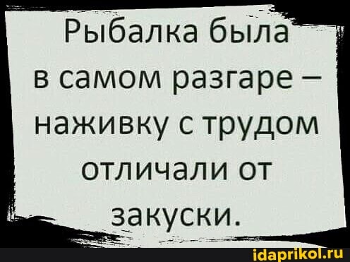 Рыбалка была"
в самом разгаре наживку с трудом
отличали от
закуски.