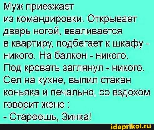 Муж приезжает
из командировки. Открывает дверь ногой, вваливается
в квартиру, подбегает к шкафу - никого. На балкон - никого.
Под кровать заглянул - никого.
Сел на кухне, выпил стакан коньяка и печально, со вздохом говорит жене :