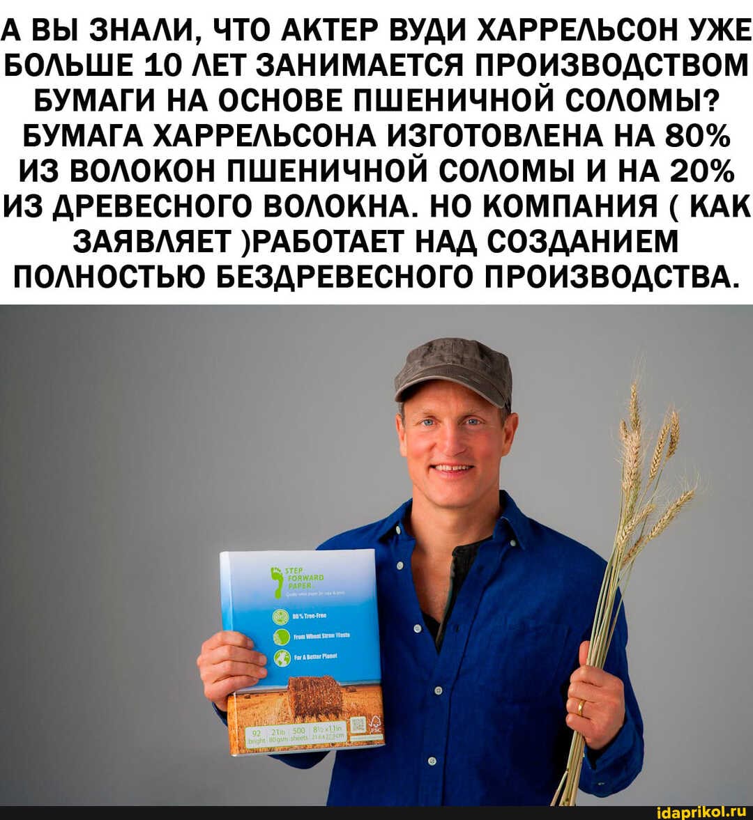 А ВЫ ЗНАЛИ, ЧТО АКТЕР ВУДИ ХАРРЕЛЬСОН УЖЕ БОЛЬШЕ 10 ЛЕТ ЗАНИМАЕТСЯ ПРОИЗВОДСТВОМ БУМАГИ НА ОСНОВЕ ПШЕНИЧНОЙ СОЛОМЫ?
БУМАГА ХАРРЕЛЬСОНА ИЗГОТОВЛЕНА НА 80%
ИЗ ВОЛОКОН ПШЕНИЧНОЙ СОЛОМЫ И НА 20%
ИЗ ДРЕВЕСНОГО ВОЛОКНА. НО КОМПАНИЯ ( КАК ЗАЯВЛЯЕТ )РАБОТАЕТ НАД СОЗДАНИЕМ ПОЛНОСТЬЮ БЕЗДРЕВЕСНОГО ПРОИЗВОДСТВА.
