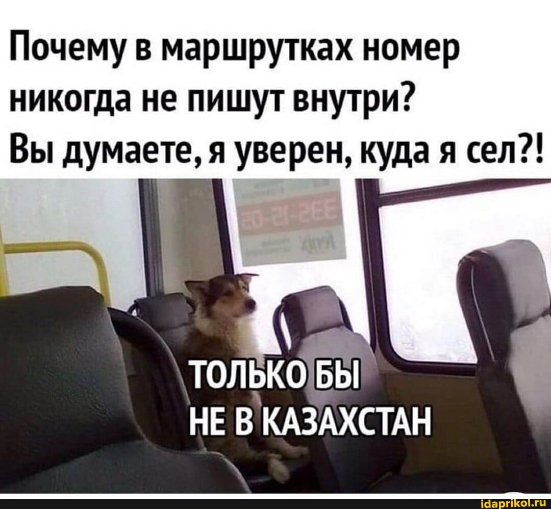 Почему в маршрутках номер никогда не пишут внутри?
Вы думаете, я уверен, куда я сел?!
тол
НЕ В КАЗАХСТАН