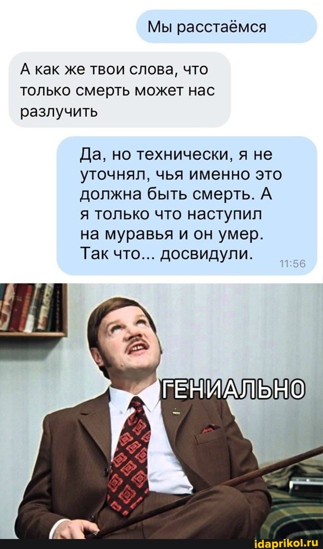 Мы расстаёмся
А как же твои слова, что только смерть может нас
разлучить
Да, но технически, я не
уточнял, чья именно это должна быть смерть. А я только что наступил на муравья и он умер.
Так что... досвидули.