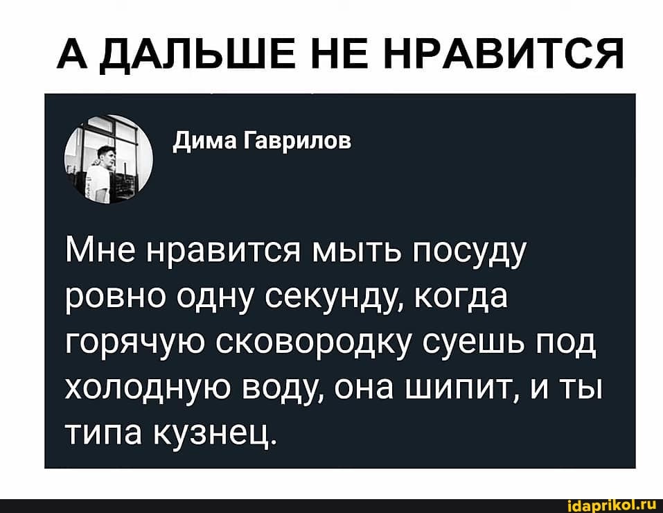 А ДАЛЬШЕ НЕ НРАВИТСЯ
Дима Гаврилов
Мне нравится мыть посуду ровно одну секунду, когда горячую сковородку суешь под холодную воду, она шипит, и ты типа кузнец.