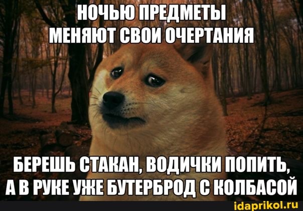 НОЧЬЮ ПРЕДМЕТЫ МЕНЯЮТ СВОИ ОЧЕРТАНИЯ
БЕРЕШЬ СТАКАН, ВОДИЧКИ ПОПИТЬ,
АВ РУНЕУНЕ БУТЕРБРОД С КОЛБАСОЙ